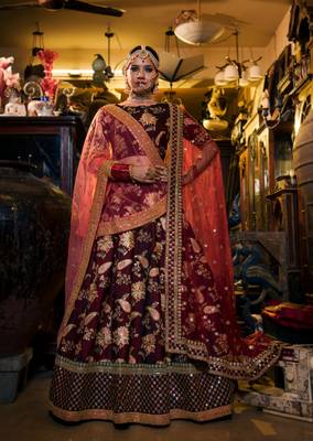 Appetizing Maroon Dori Sequins And Thread Embroidered Taffeta Silk Lehenga Choli For Bride 4