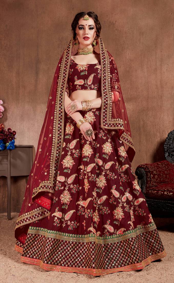 Appetizing Maroon Dori, Sequins, and Thread Embroidered Taffeta Silk Fabric Lehenga choli for Bride