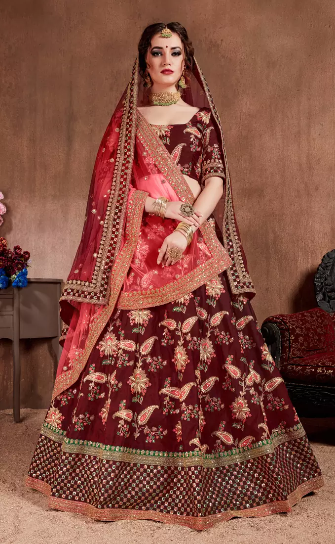 Appetizing Maroon Dori, Sequins, and Thread Embroidered Taffeta Silk Fabric Lehenga choli for Bride