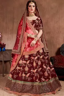 Appetizing Maroon Dori, Sequins, and Thread Embroidered Taffeta Silk Fabric Lehenga choli for Bride