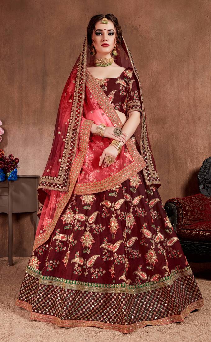 Appetizing Maroon Dori, Sequins, and Thread Embroidered Taffeta Silk Fabric Lehenga choli for Bride