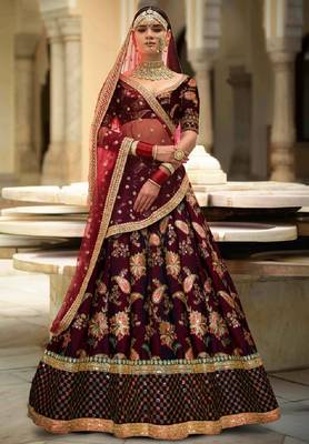 Appetizing Maroon Dori Sequins And Thread Embroidered Taffeta Silk Lehenga Choli For Bride 1