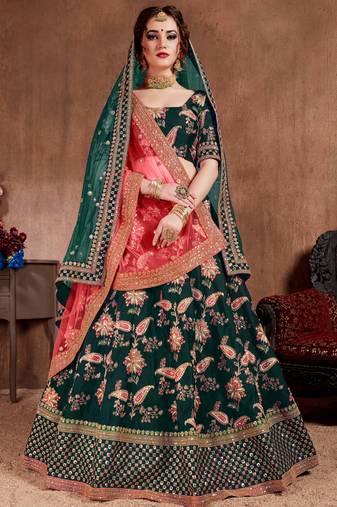Dazzling Dark Green Dori, Sequins, and Thread Embroidered Taffeta Silk Fabric Designer Lehenga for wedding