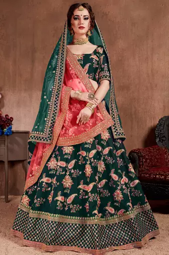 Dazzling Dark Green Dori, Sequins, and Thread Embroidered Taffeta Silk Fabric Designer Lehenga for wedding