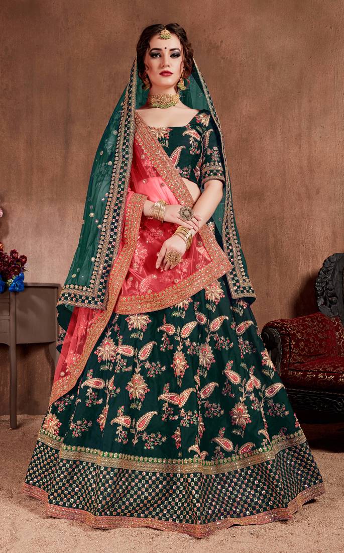 Dazzling Dark Green Dori, Sequins, and Thread Embroidered Taffeta Silk Fabric Designer Lehenga for wedding