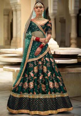 Dazzling Dark Green Dori Sequins And Thread Embroidered Taffeta Silk Designer Lehenga For Wedding 1
