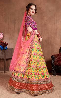 Yellow Thread Dori Zari And Sequins Embroidered With Stonework Mulberry Silk Semi Stitched Lehenga Choli For Bride 5