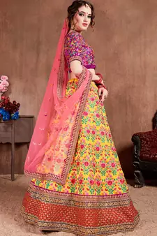 Yellow Thread Dori Zari And Sequins Embroidered With Stonework Mulberry Silk Semi Stitched Lehenga Choli For Bride