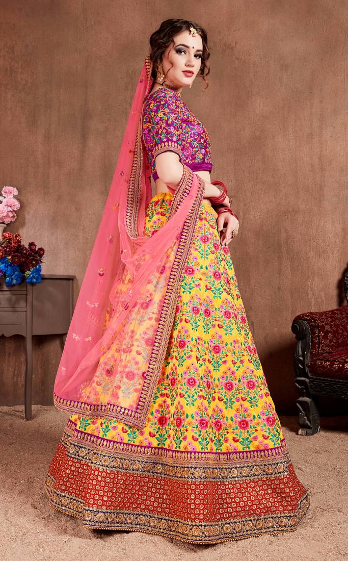 Yellow Thread Dori Zari And Sequins Embroidered With Stonework Mulberry Silk Semi Stitched Lehenga Choli For Bride
