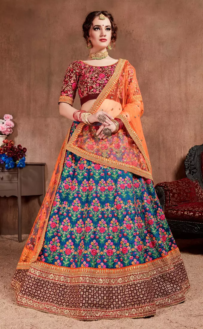 Navy Blue Thread, Dori, Zari, & Sequins Embroidered with stonework Mulberry Silk Semi Stitched Lehenga choli for wedding