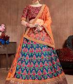 Navy Blue Thread Dori Zari & Sequins Embroidered With Stonework Mulberry Silk Semi Stitched Lehenga Choli For Wedding