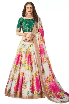 Cream Sequins Embroidered Organza Semi Stitched Floral Lehenga For Wedding