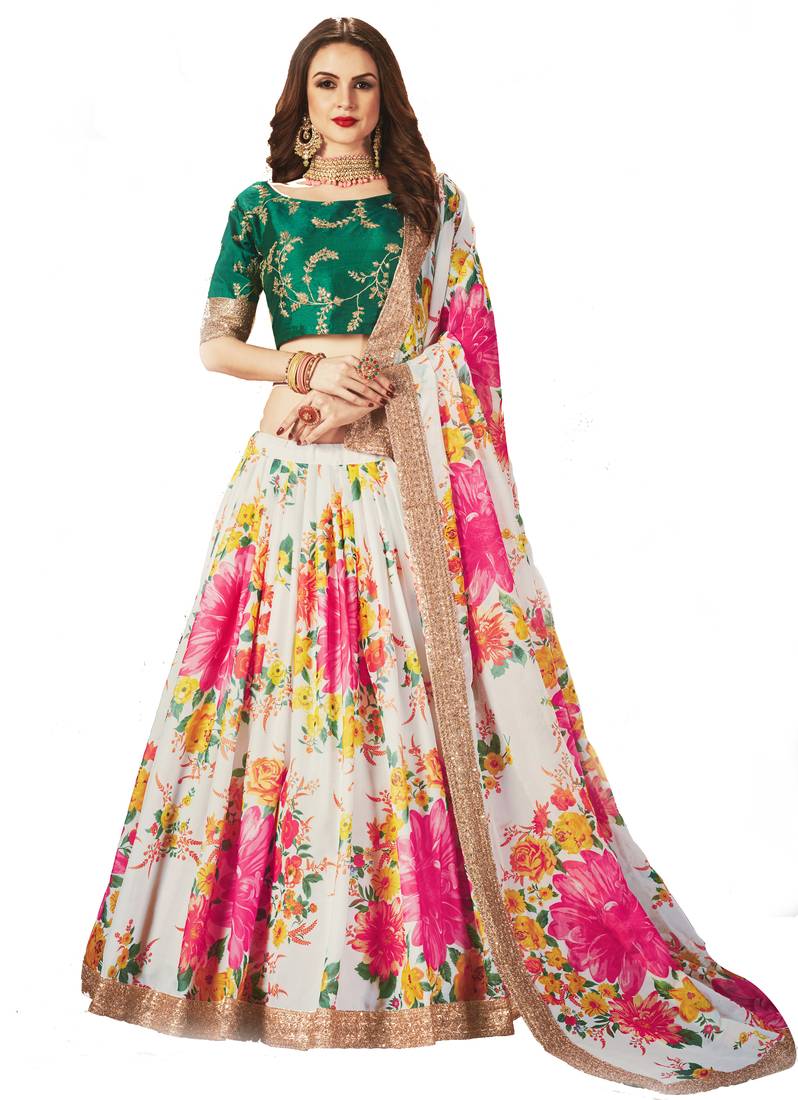 Cream Sequins Embroidered Organza Semi Stitched Floral Lehenga for wedding