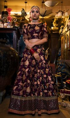 Seductive Purple Dori Sequins And Thread Embroidered Taffeta Silk Designer Lehenga For Wedding 5