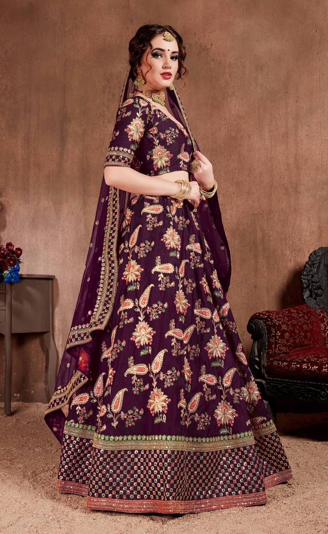 Seductive Purple Dori, Sequins, and Thread Embroidered Taffeta Silk Fabric Designer lehenga for wedding