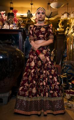Appetizing Maroon Dori Sequins And Thread Embroidered Taffeta Silk Lehenga Choli For Bride 6