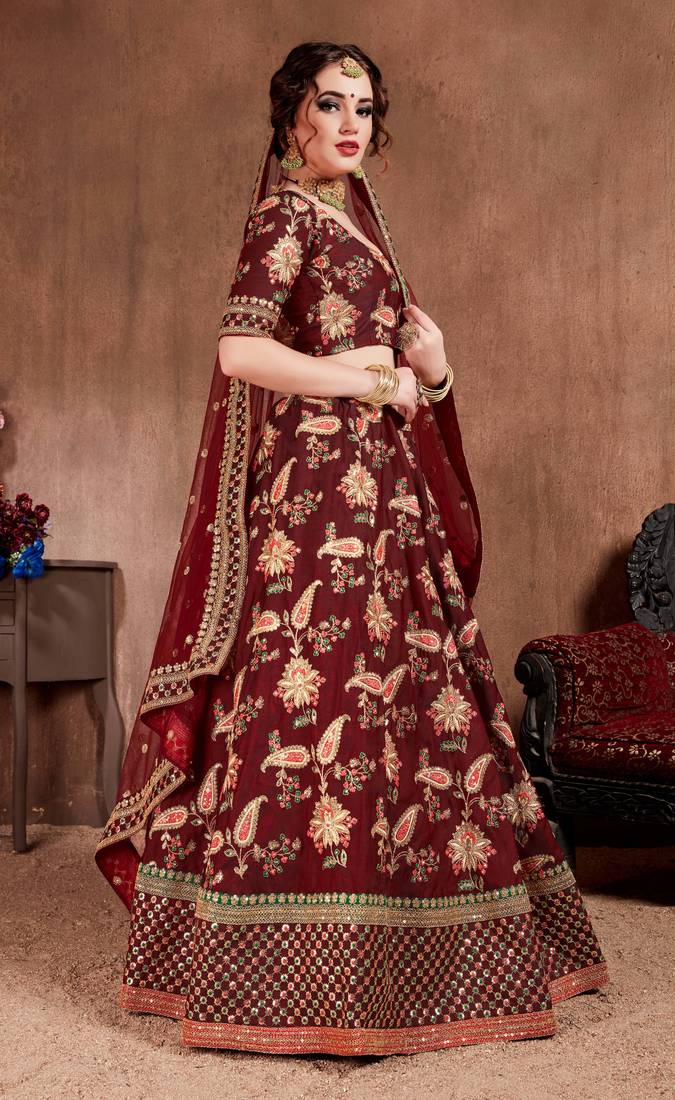 Appetizing Maroon Dori, Sequins, and Thread Embroidered Taffeta Silk Fabric Lehenga choli for Bride
