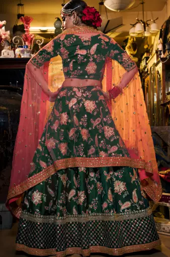 Dazzling Dark Green Dori Sequins And Thread Embroidered Taffeta Silk Designer Lehenga For Wedding