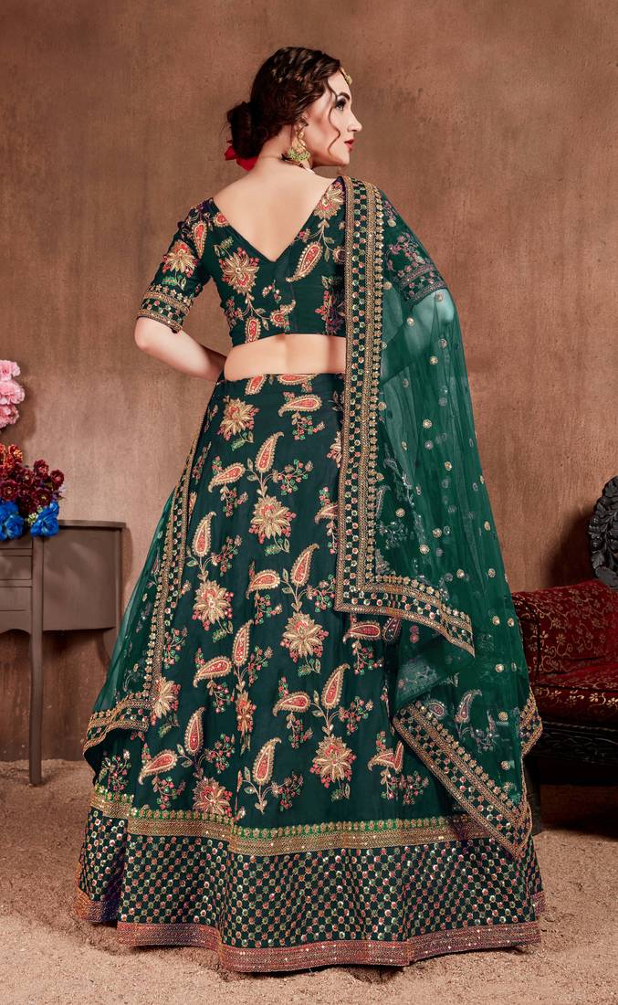 Dazzling Dark Green Dori, Sequins, and Thread Embroidered Taffeta Silk Fabric Designer Lehenga for wedding