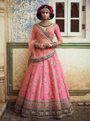 Pink Thread Embroidered Art Silk Semi Stitched wedding lehenga 5