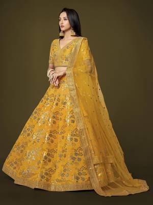 Mustard Dori Zari And Sequins Embroidered Thai Silk Wedding Lehenga For Bride 2