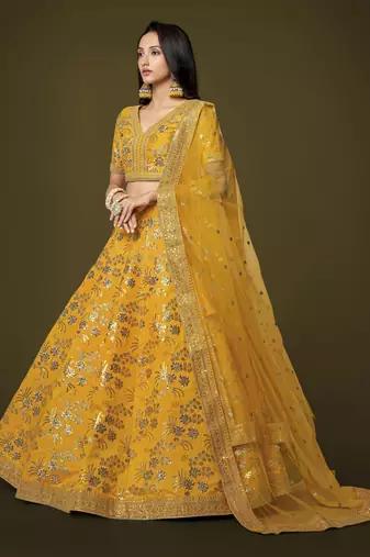 Mustard Dori Zari And Sequins Embroidered Thai Silk Wedding Lehenga For Bride