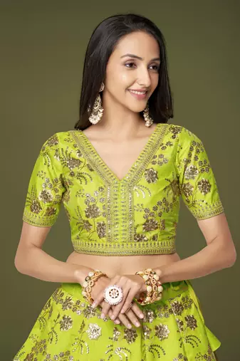 Seductive Neon Green Dori Zari And Sequins Embroidered Silk Indian Lehenga Choli Dress