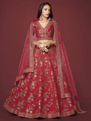 Red Dori Zari And Sequins Embroidered Thai Silk Lehenga Dress 1