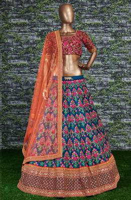 Navy Blue Thread Dori Zari & Sequins Embroidered With Stonework Mulberry Silk Semi Stitched Lehenga Choli For Wedding 5