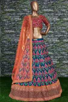 Navy Blue Thread Dori Zari & Sequins Embroidered With Stonework Mulberry Silk Semi Stitched Lehenga Choli For Wedding
