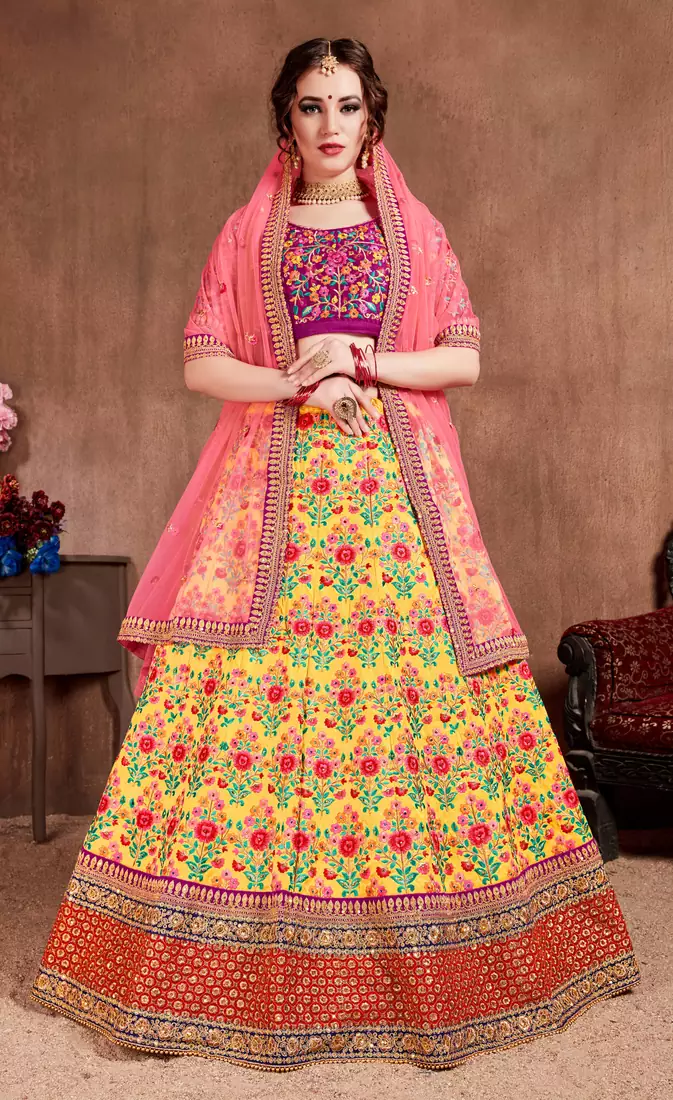 Yellow Thread, Dori, Zari, and Sequins Embroidered with stonework Mulberry Silk Semi Stitched Lehenga choli for bride