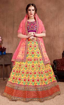 Yellow Thread Dori Zari And Sequins Embroidered With Stonework Mulberry Silk Semi Stitched Lehenga Choli For Bride 1