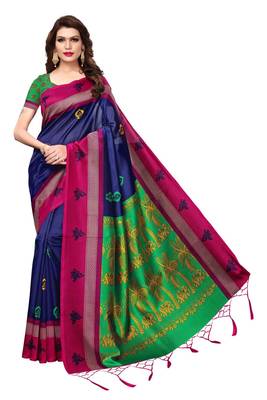 Blue printed art silk saree with blouse 1