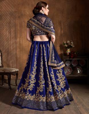 Navy Blue Dori and Sequins Embroidered Raw Silk Indian Wedding Lehenga Choli Set 2