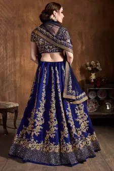 Navy Blue Dori and Sequins Embroidered Raw Silk Indian Wedding Lehenga Choli Set