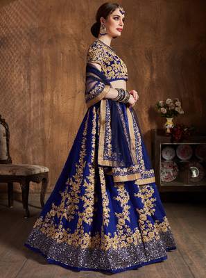 Navy Blue Dori and Sequins Embroidered Raw Silk Indian Wedding Lehenga Choli Set 3