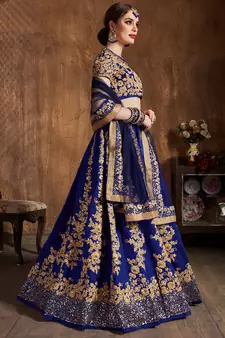 Navy Blue Dori and Sequins Embroidered Raw Silk Indian Wedding Lehenga Choli Set