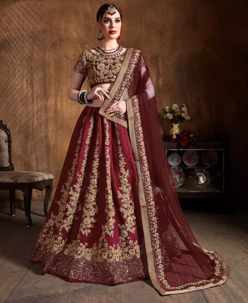 Gorgeous Maroon Dori & Sequins Embroidered Silk lehenga choli for wedding