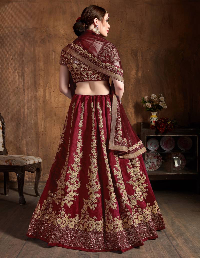 Gorgeous Maroon Dori & Sequins Embroidered Silk lehenga choli for wedding