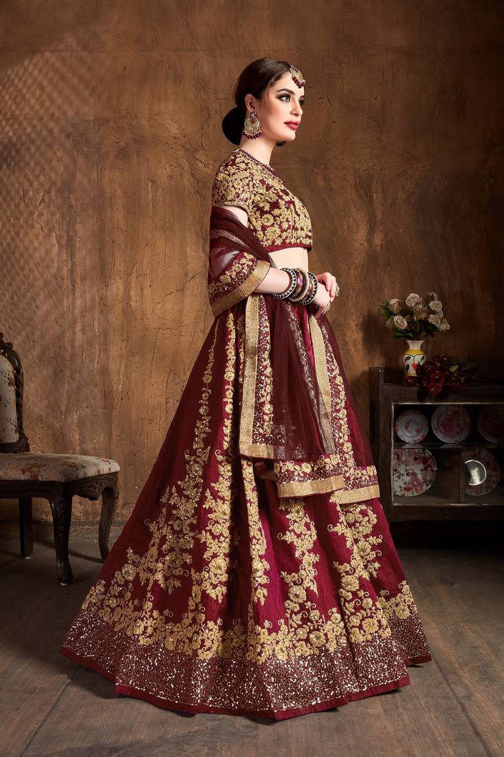 Gorgeous Maroon Dori & Sequins Embroidered Silk lehenga choli for wedding