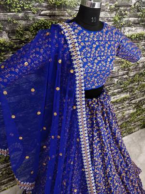 Blue Embroidered Silk Unstitched Lehenga 3