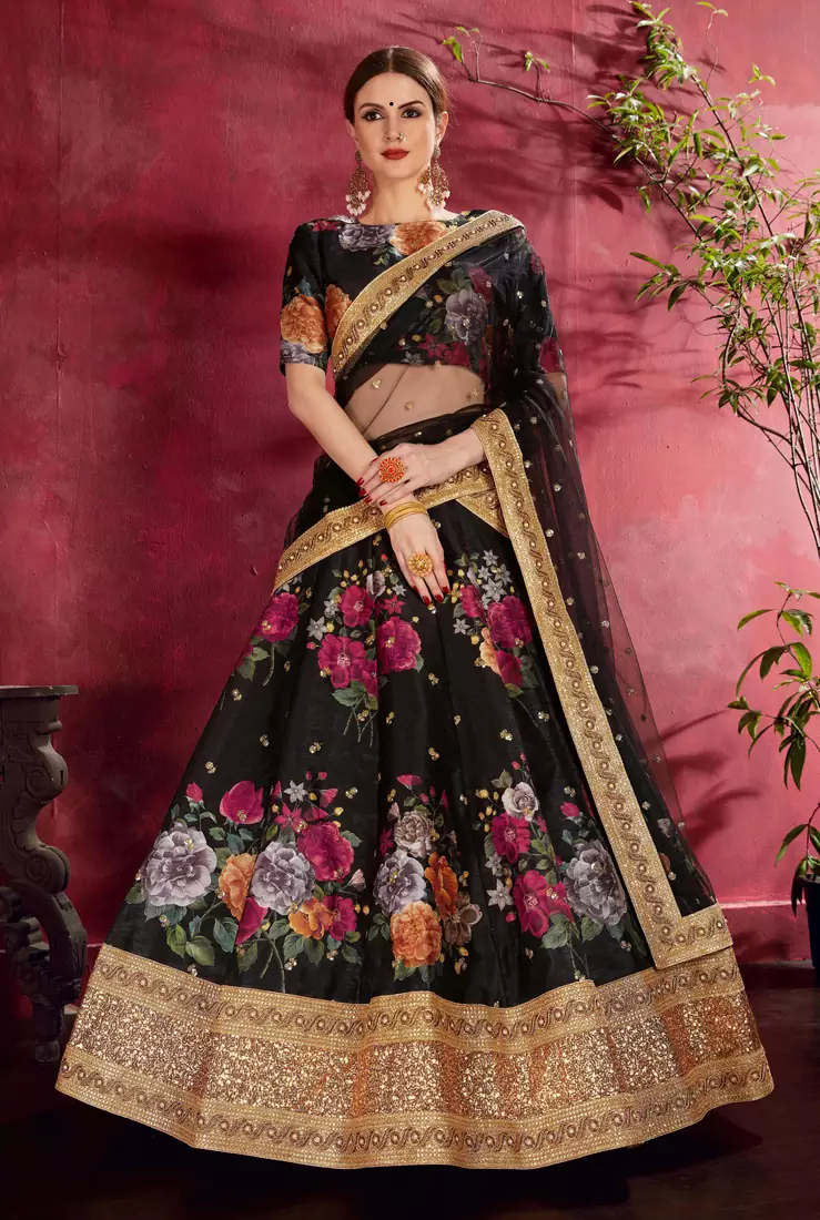 Bewitching Black Pearl, Dori and Sequins Embroidered Art Silk Semi Stitched wedding Lehenga