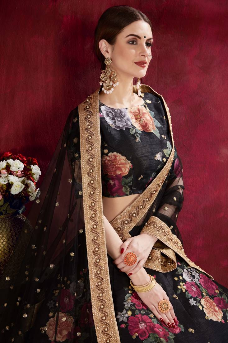 Black Pearl Dori And Sequins Embroidered Art Silk Semi Stitched Wedding Lehenga