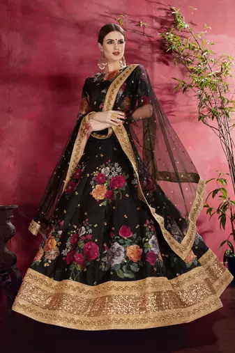 Black Pearl Dori And Sequins Embroidered Art Silk Semi Stitched Wedding Lehenga