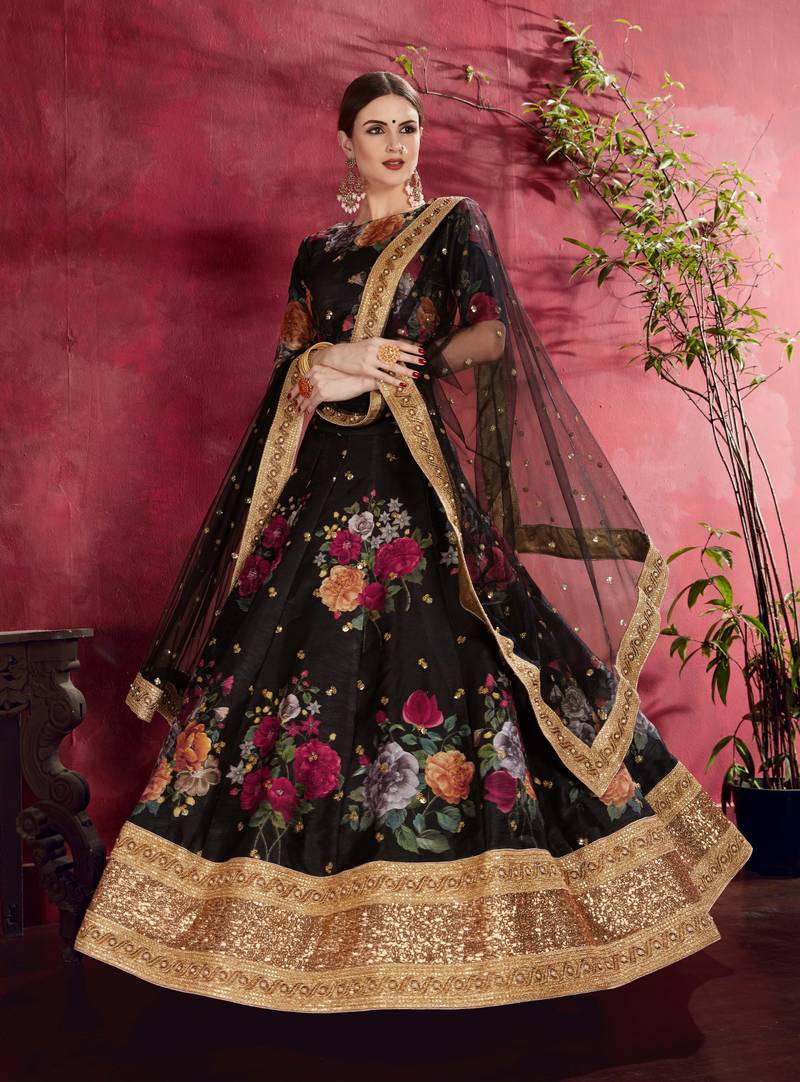 Black Pearl Dori And Sequins Embroidered Art Silk Semi Stitched Wedding Lehenga