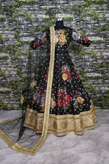 Black Pearl Dori And Sequins Embroidered Art Silk Semi Stitched Wedding Lehenga