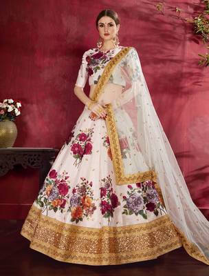 Cream Pearl, Dori and Sequins Embroidered Art Silk Semi Stitched floral lehenga 1
