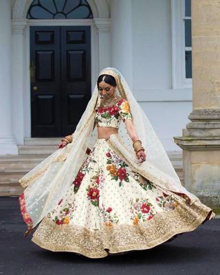 Cream Pearl, Dori and Sequins Embroidered Art Silk Semi Stitched floral lehenga 2