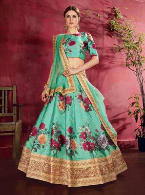 Green Pearl, Dori and Sequins Embroidered Art Silk Semi Stitched floral lehenga 1