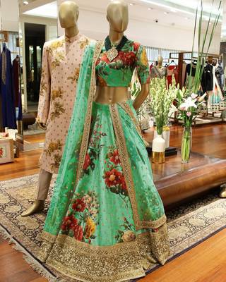 Green Pearl, Dori and Sequins Embroidered Art Silk Semi Stitched floral lehenga 3